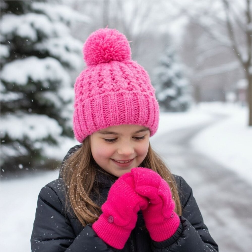 SO Kids Pink Knit Beanie Fingerless Gloves Mitten Flap Set Pom Pom NWT Age 4-7 - Picture 5 of 11